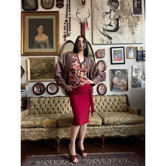 Y2k Cherry Red Knee Length Skirt w O-Ring Sash Size M - Picture 8 of 9